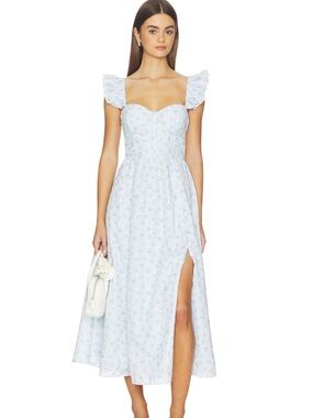 Wedelia Light Blue Floral Ruffled Sleeve Midi Dress
